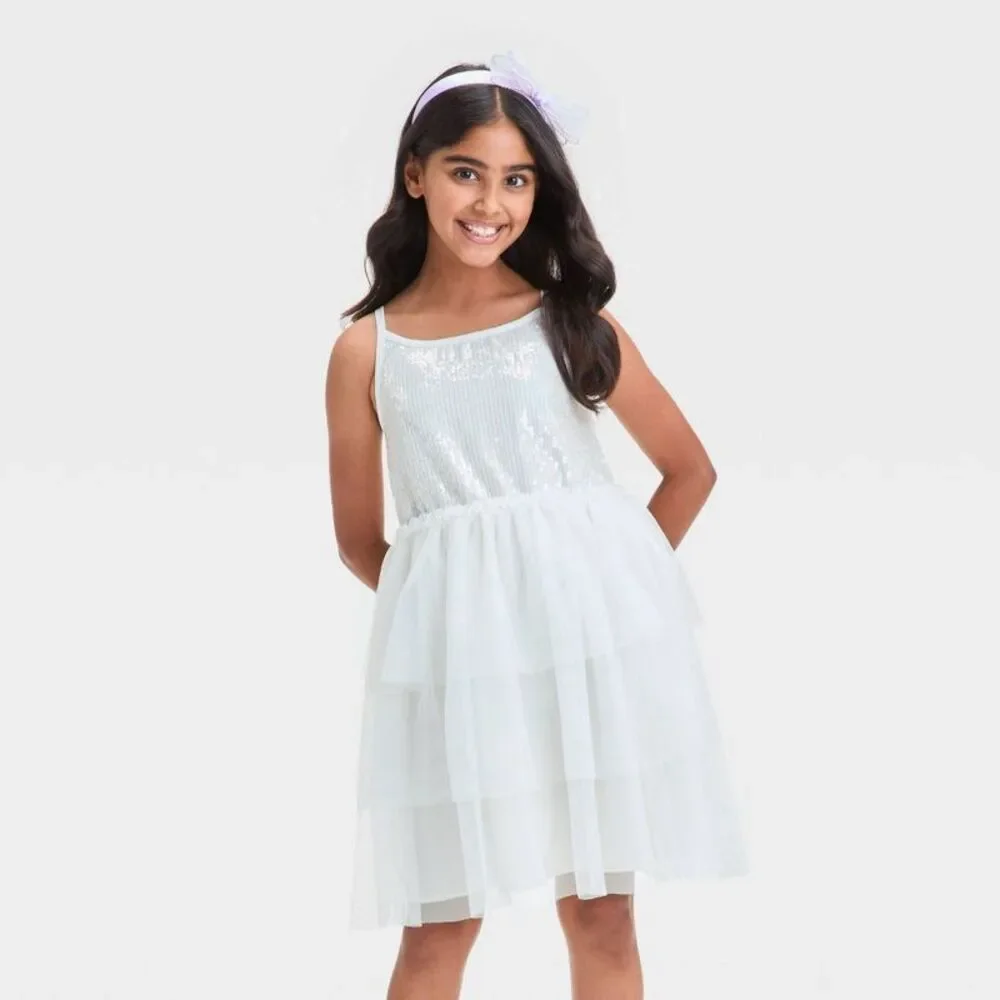 Cat & Jack - Girls' Sleeveless Tiered Tulle Sequin Dress - Cat  White